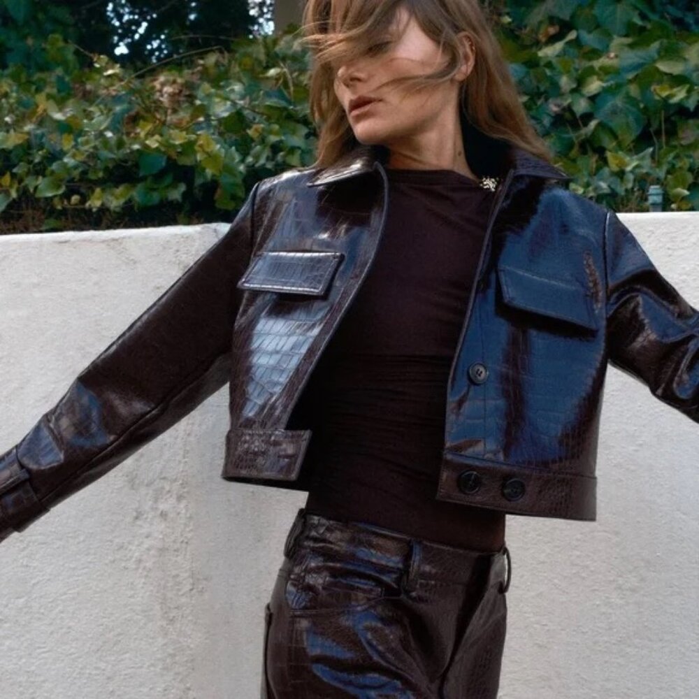 Zara Dark Brown Croc-Embossed FAUX Leather Jacket Size M NWT